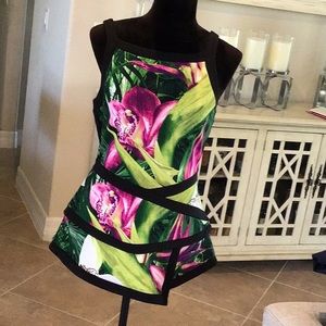 Floral Tropical Print Square-Neck Sleeveless Top - Pink & Green